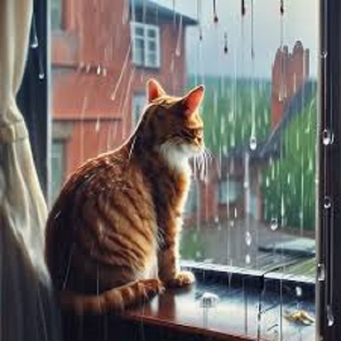 Кошка и дождь за окном