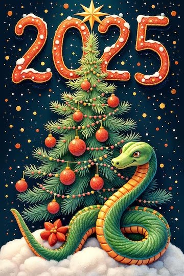 Christmas-tree-with-ornaments-snake-set-against