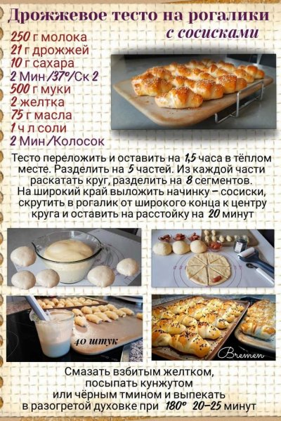 ДРОЖДИВОЕ ТЕСТО НА РОГАЛИКИ С СОСИСКАМИ
