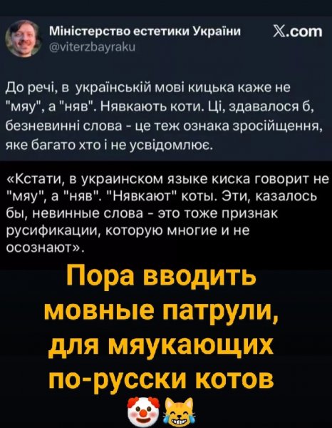 Пора вводить мовные патрули, для мяукающих по-русски котов)